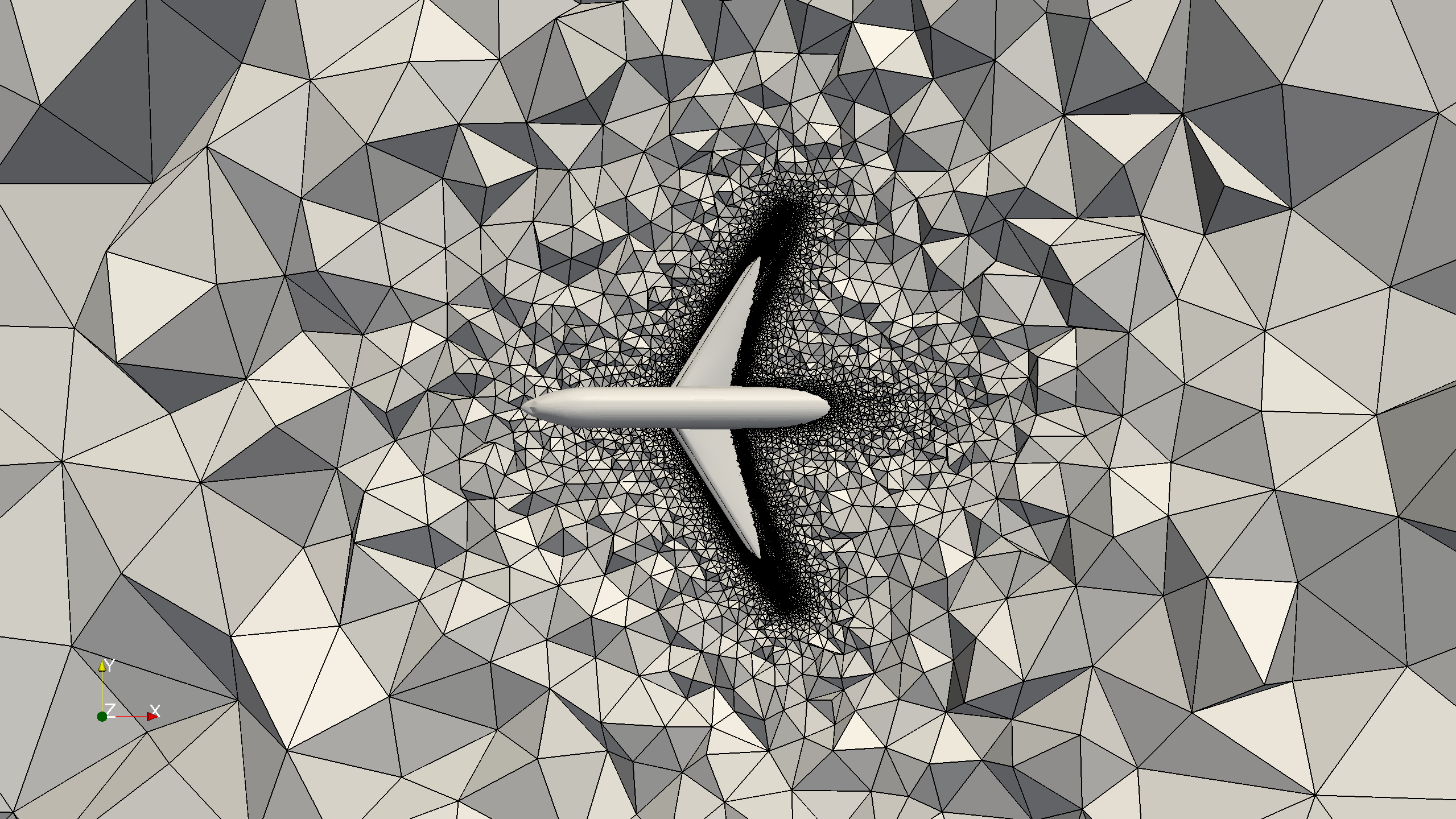 A visualization of a coarse mesh for the simulation of the flow past an airplane.