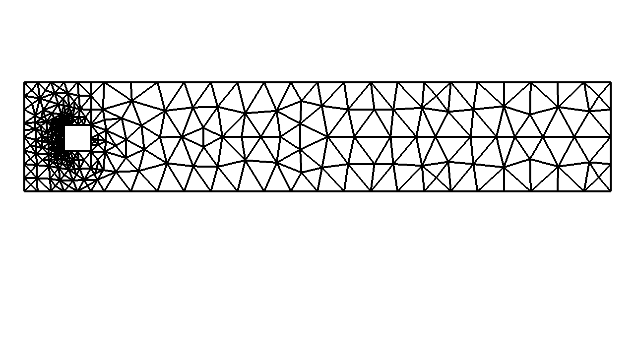 A visualization of the refined mesh used in the previous picture. The flow is now more detailed, and the mesh finer, in the parts of the mesh where the solution has sharper variations.